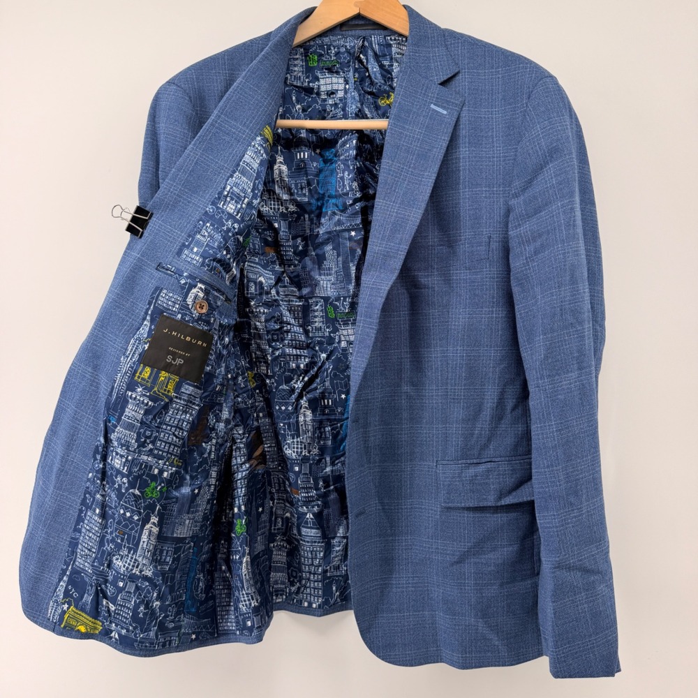 J. Hilburn Sport Coat Mens 46R Blue Glen Plaid Wool Marzotto Slim Fit Blazer